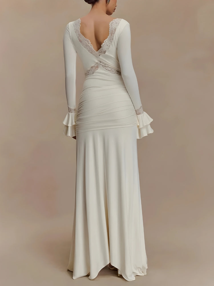 V-Neck Lace Trim Ruffled Cuff Knotted Front Drape Maxi Dress