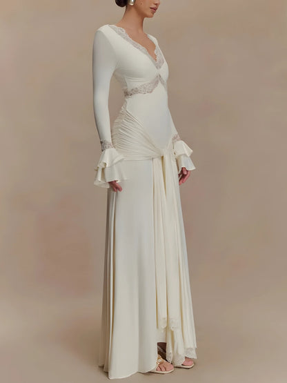 V-Neck Lace Trim Ruffled Cuff Knotted Front Drape Maxi Dress