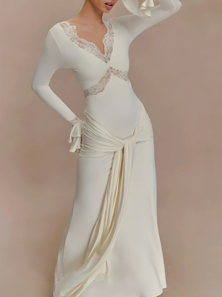 V-Neck Lace Trim Ruffled Cuff Knotted Front Drape Maxi Dress