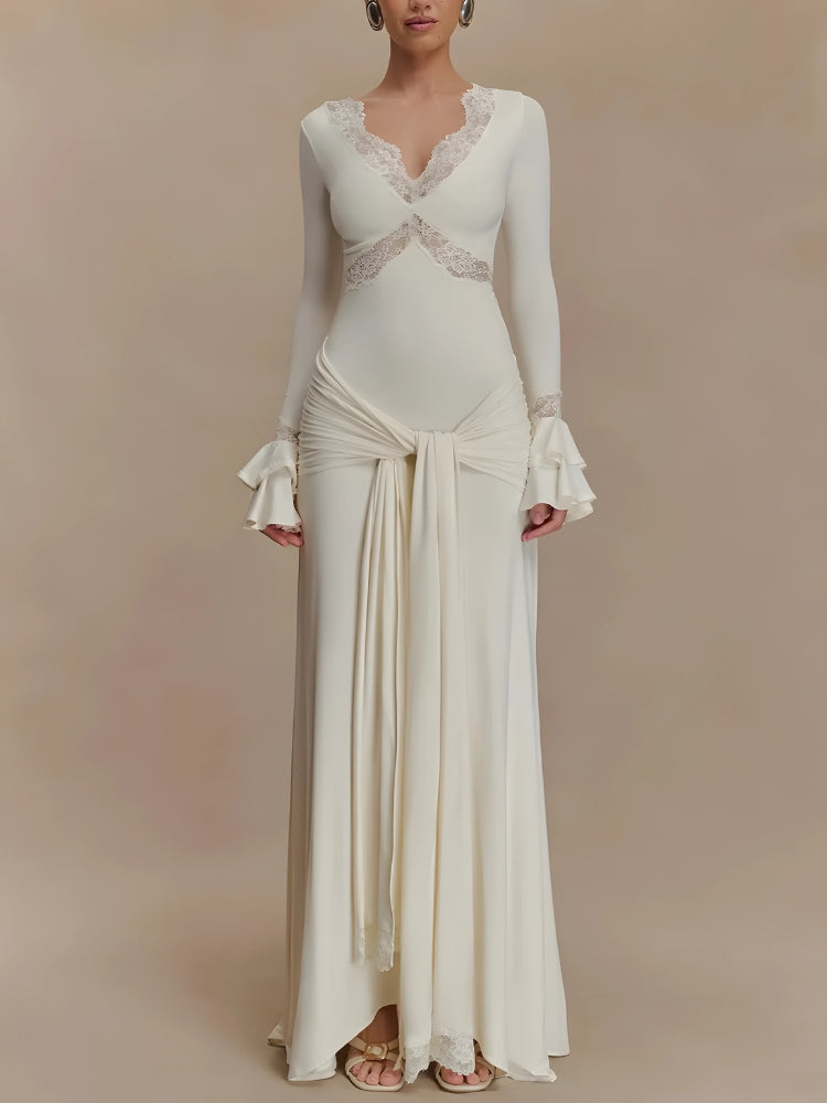 V-Neck Lace Trim Ruffled Cuff Knotted Front Drape Maxi Dress