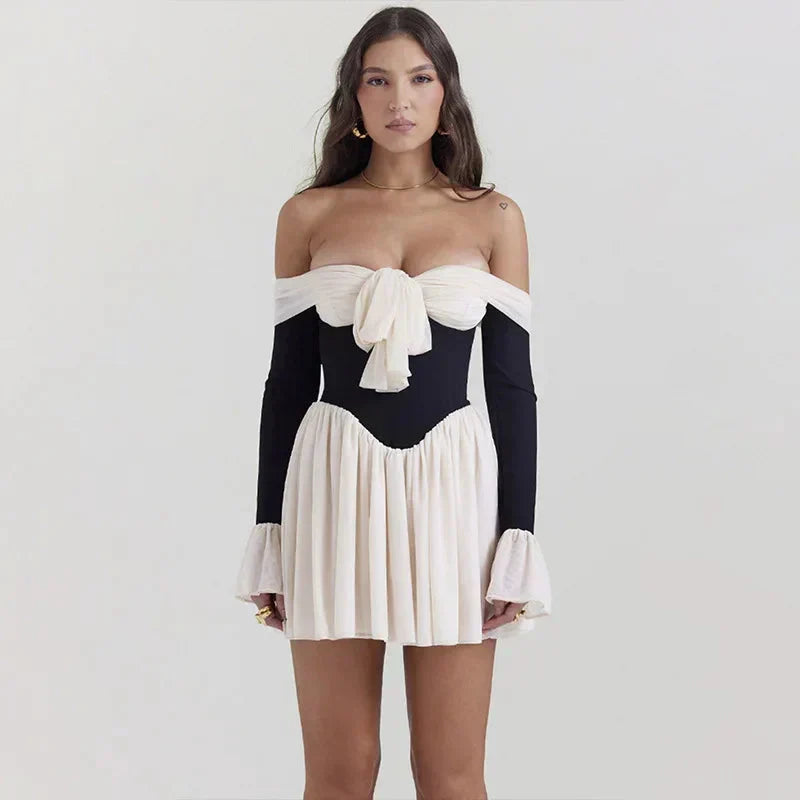 Off Shoulder Bow Front Corset Bodice Bell Cuff Fit and Flare Mini Dress