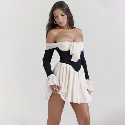 Off Shoulder Bow Front Corset Bodice Bell Cuff Fit and Flare Mini Dress