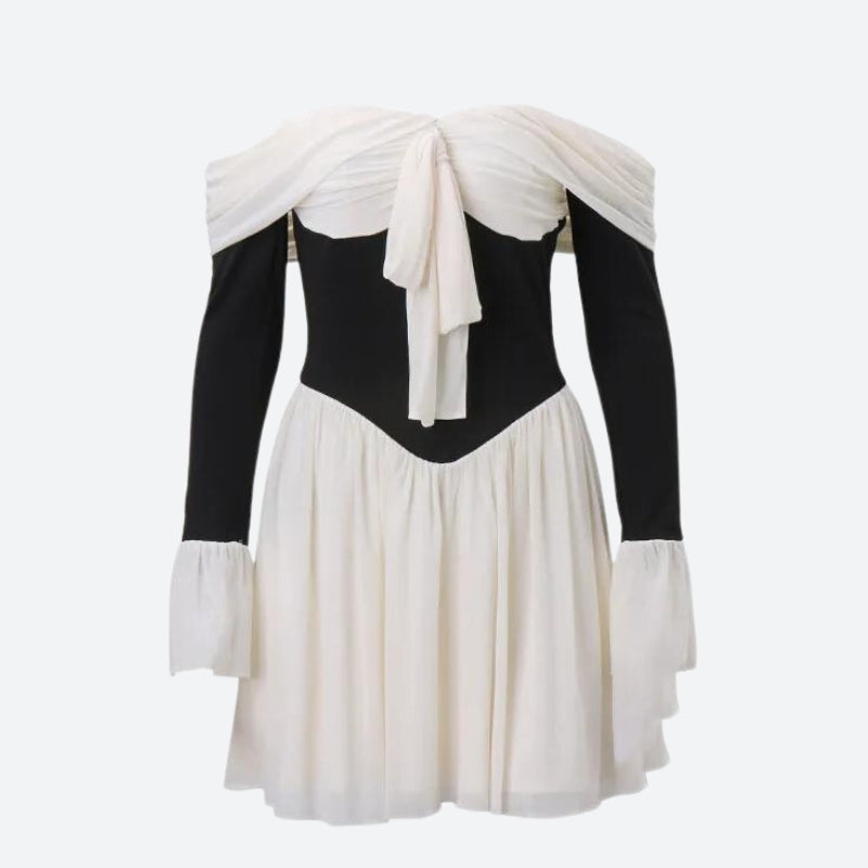 Off Shoulder Bow Front Corset Bodice Bell Cuff Fit and Flare Mini Dress