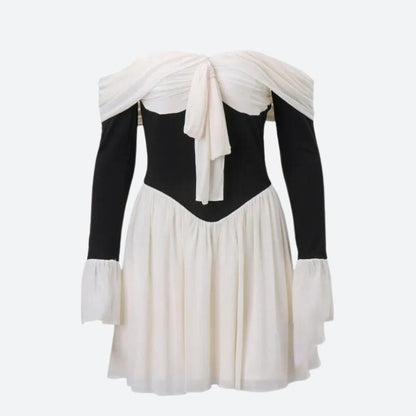 Off Shoulder Bow Front Corset Bodice Bell Cuff Fit and Flare Mini Dress