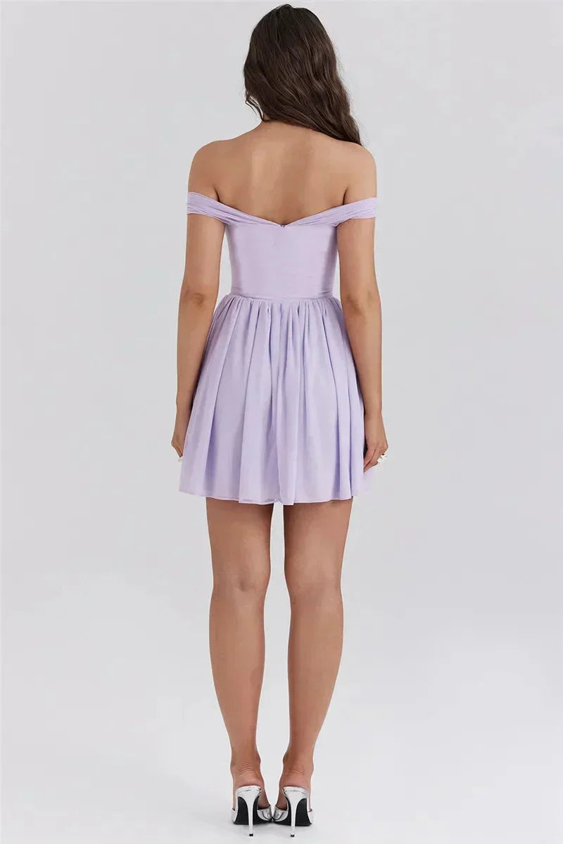 Off-Shoulder Tie-Front Ruched Bustier A-Line Mini Dress