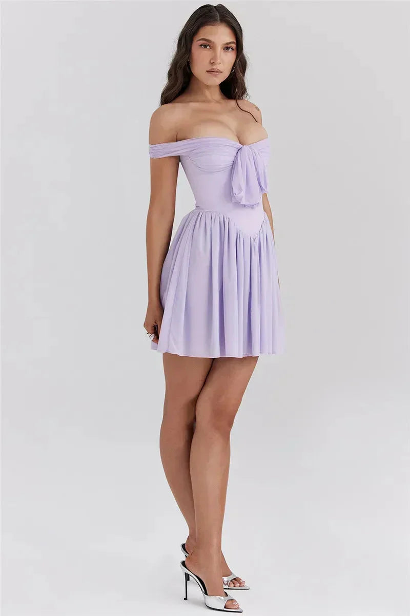 Off-Shoulder Tie-Front Ruched Bustier A-Line Mini Dress