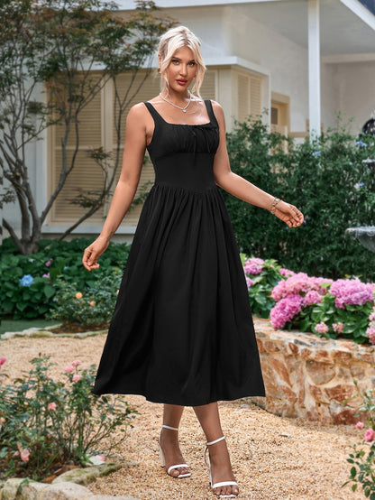 Tie Front Square Neck Shirred Ruched Sundress