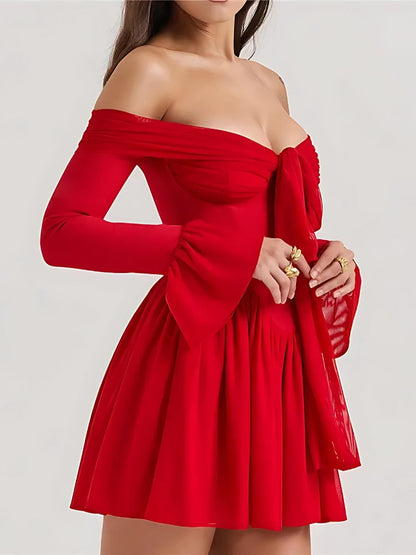 Off-Shoulder Sweetheart Knot-Tie Corset Bell Cuff Drop-Waist Mini Dress