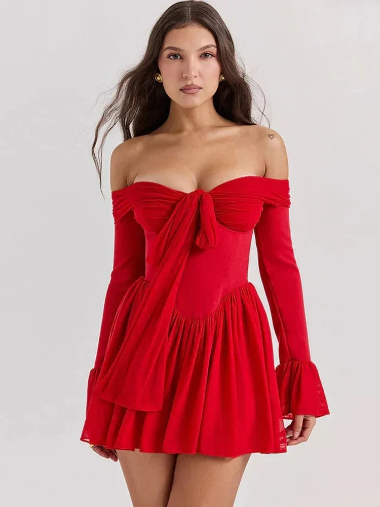 Off-Shoulder Sweetheart Knot-Tie Corset Bell Cuff Drop-Waist Mini Dress