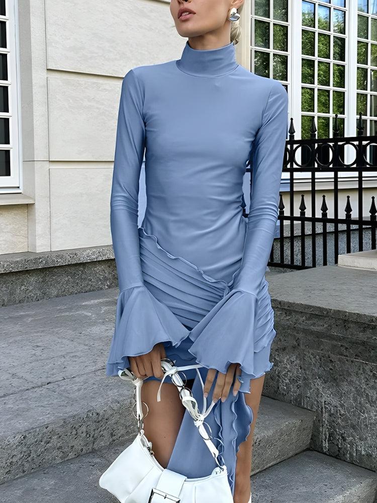 Mock Neck Ruched Tie Front Flared Cuff Long Sleeve Mini Dress