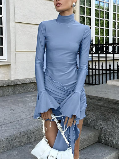 Mock Neck Ruched Tie Front Flared Cuff Long Sleeve Mini Dress