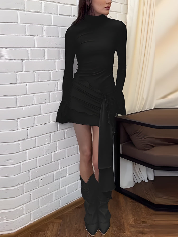 Mock Neck Ruched Tie Front Flared Cuff Long Sleeve Mini Dress
