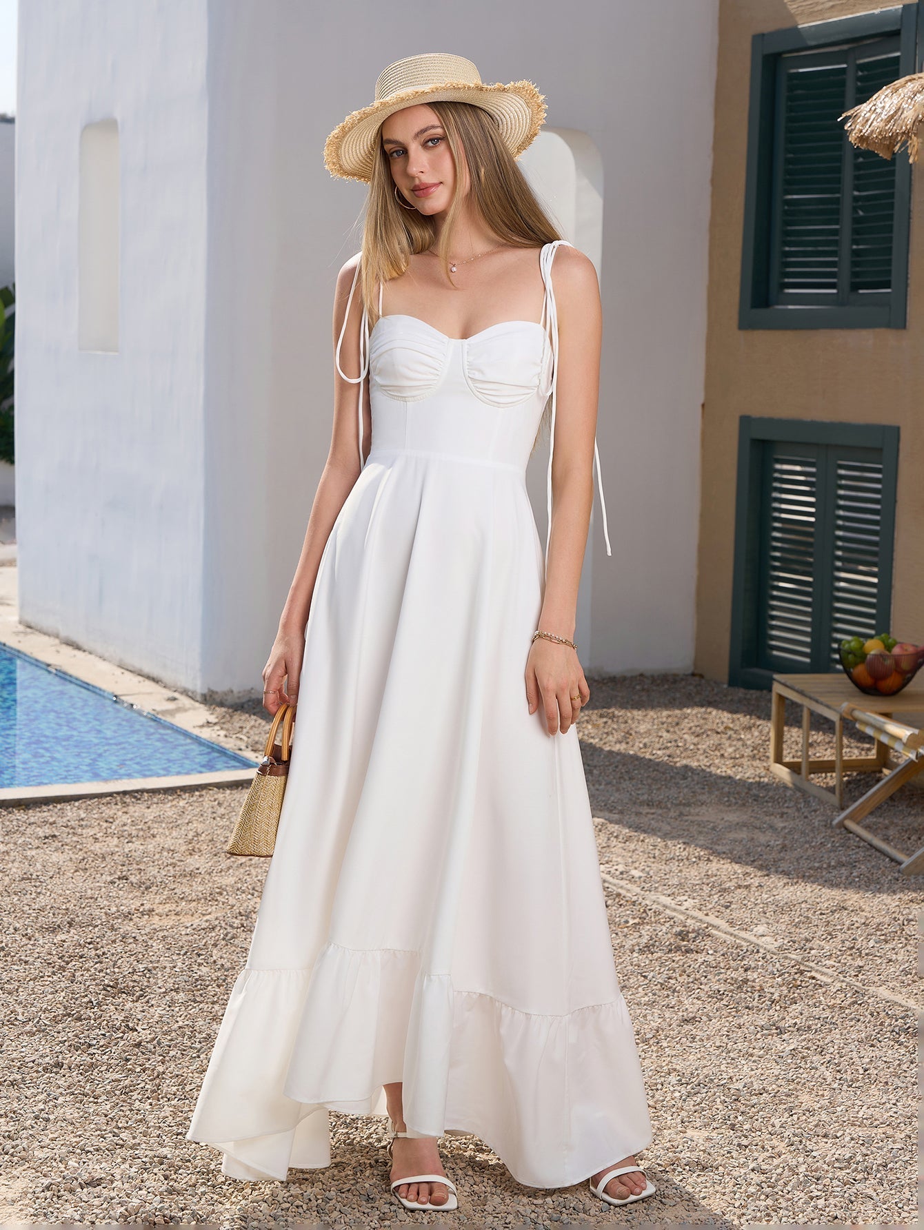 Tie Shoulder Ruched Bust Maxi Solid Dress