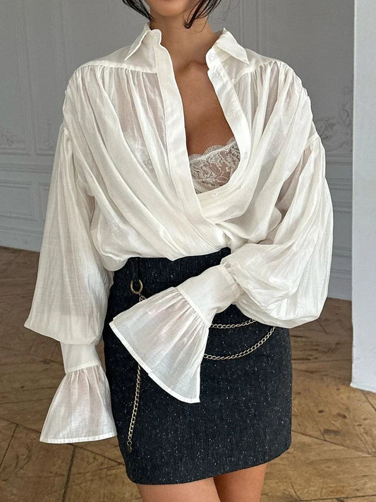 Loose Lapel See-Through Patchwork Blouse
