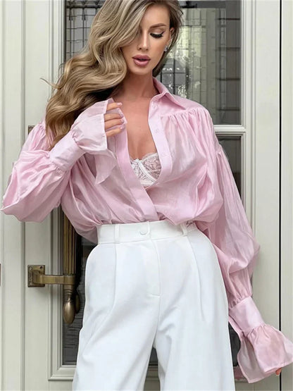 Loose Lapel See-Through Patchwork Blouse