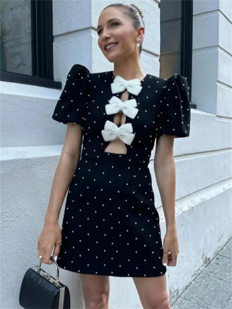 Bow Hollow-Out Patchwork Mini Dress