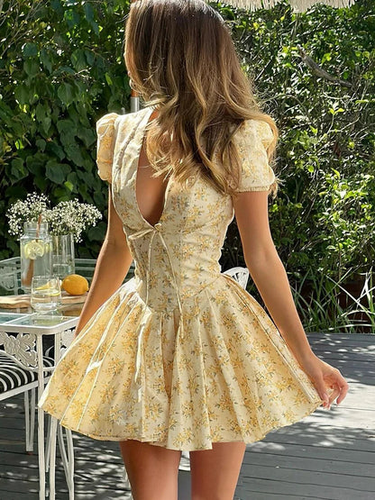 Flower Print Deep V-Neck Mini Dress