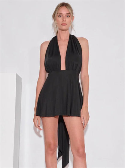 V-Neck Backless Bandage Mini Dress