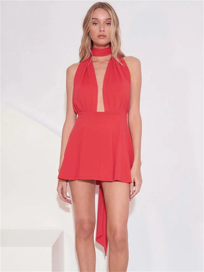 V-Neck Backless Bandage Mini Dress