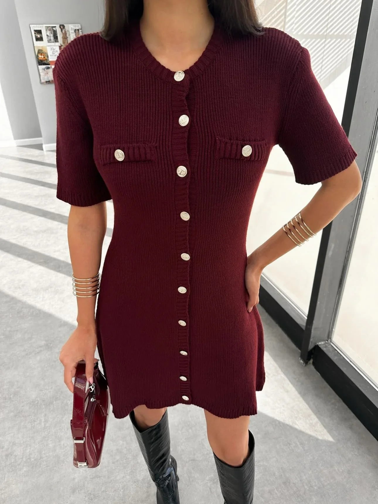 White Knit Pocket Mini Dress