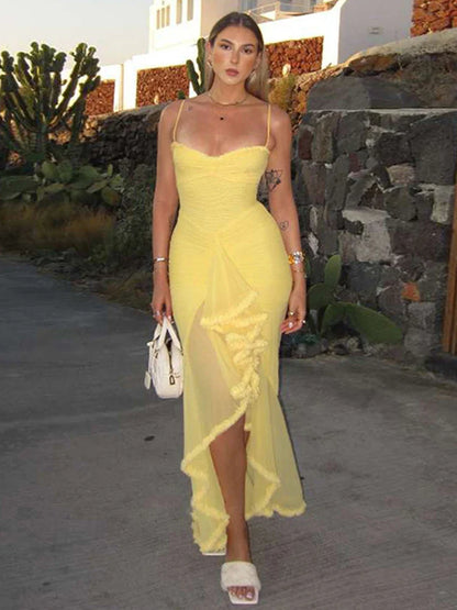 Elastic Mesh Ruffles Vacation Dress