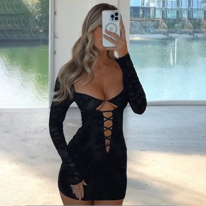 Flocking Hollow Slim Mini Vacation Dress