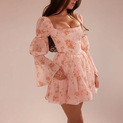 Floral Print Waist Wrap A-line Vacation Dress