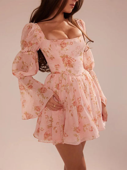 Floral Print Waist Wrap A-line Vacation Dress