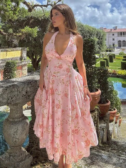 Floral Print Waist Wrap A-line Vacation Dress