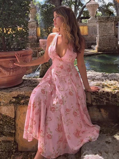 Floral Print Waist Wrap A-line Vacation Dress