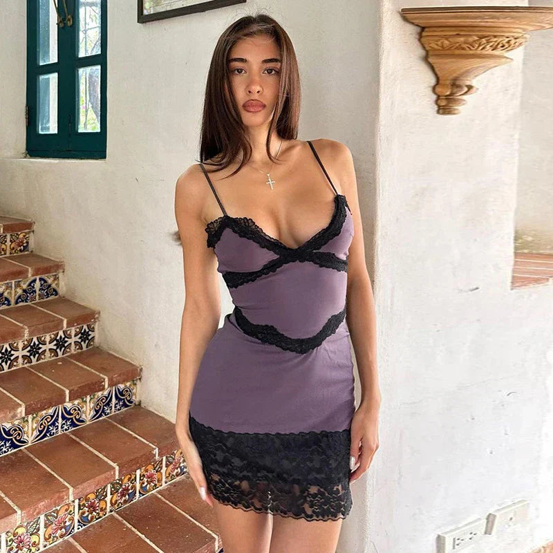 Lace Slim Spaghetti Strap Mini Vacation Dress