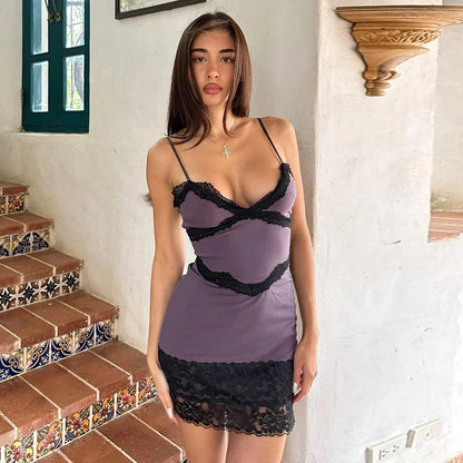 Lace Slim Spaghetti Strap Mini Vacation Dress