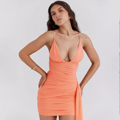 Pleated Ribbon Slim Bodycon Vacation Dress