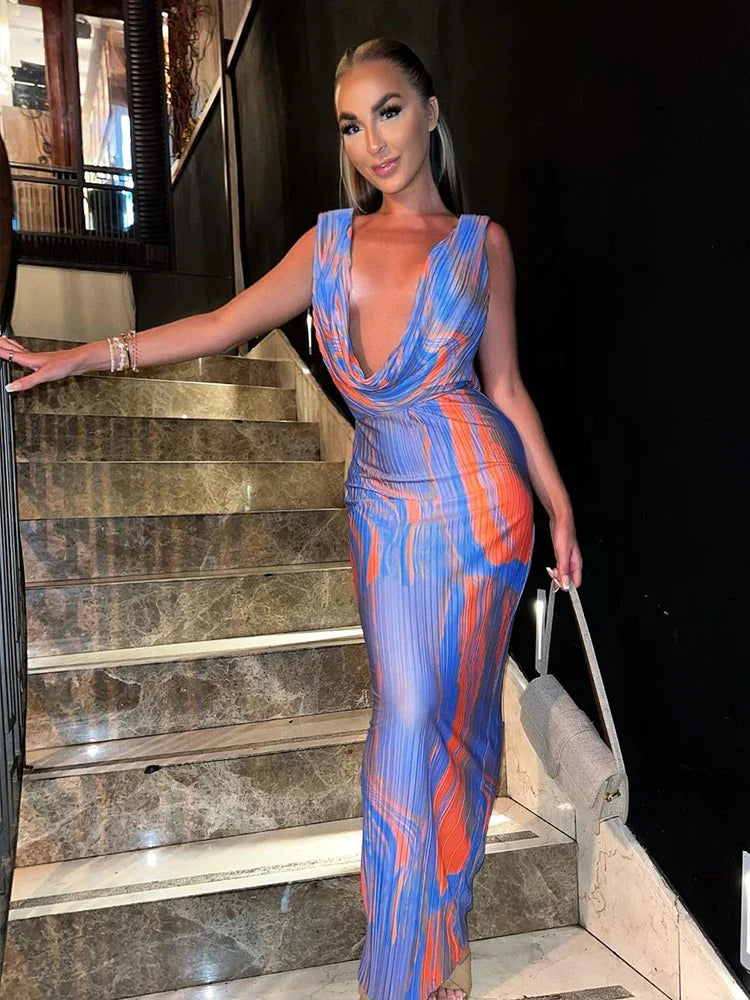 Print Deep V Neck Maxi Vacation Dress