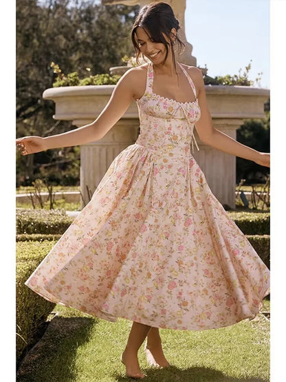 Waist Wrap Spaghetti Strap Print Floral Dress