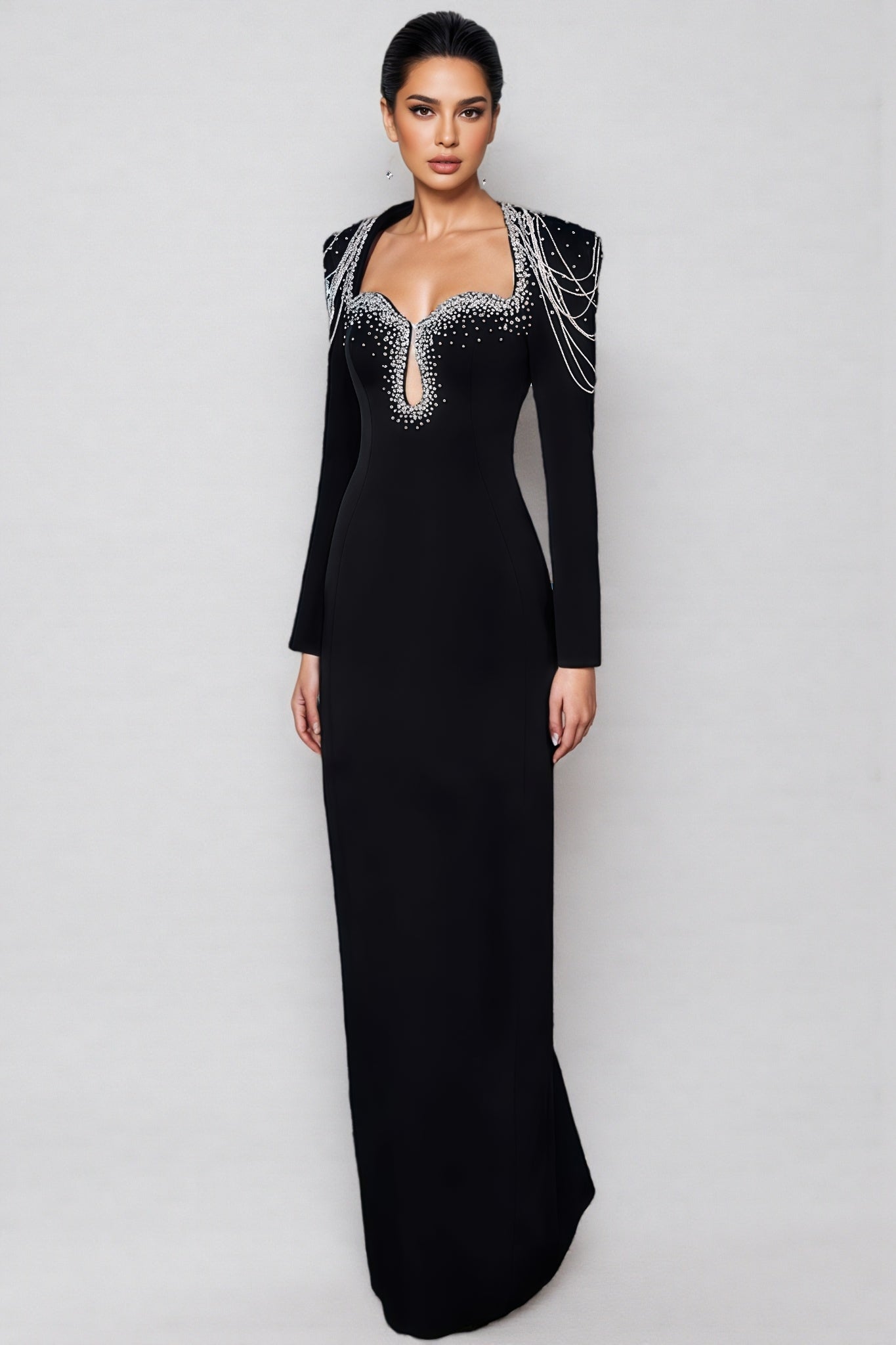 Orinlt Black Crystal Strings Cut-Out Maxi Dress