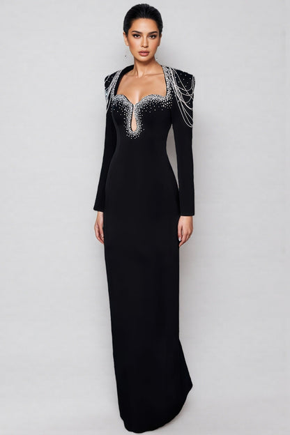 Orinlt Black Crystal Strings Cut-Out Maxi Dress