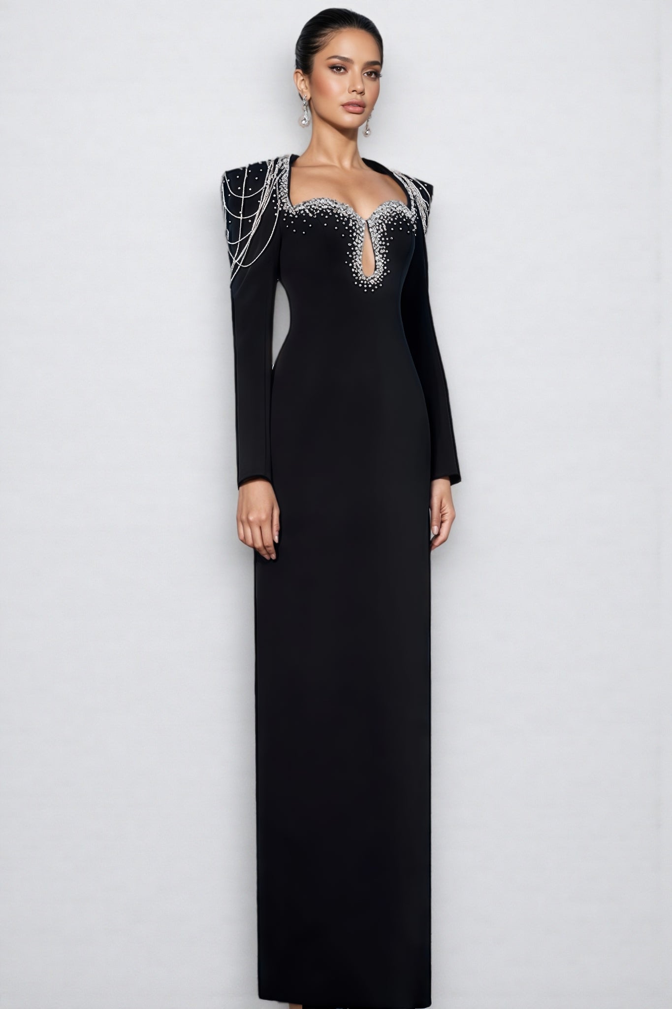 Orinlt Black Crystal Strings Cut-Out Maxi Dress