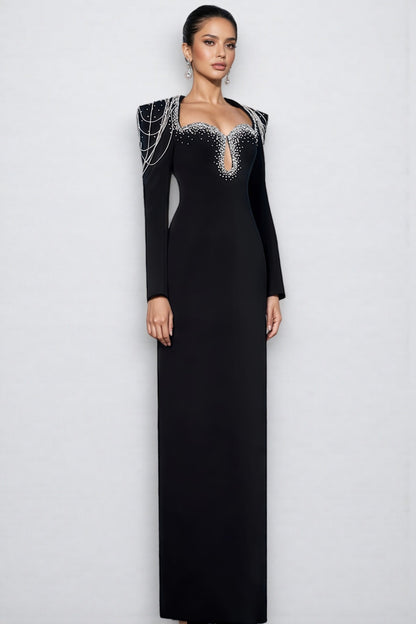 Orinlt Black Crystal Strings Cut-Out Maxi Dress
