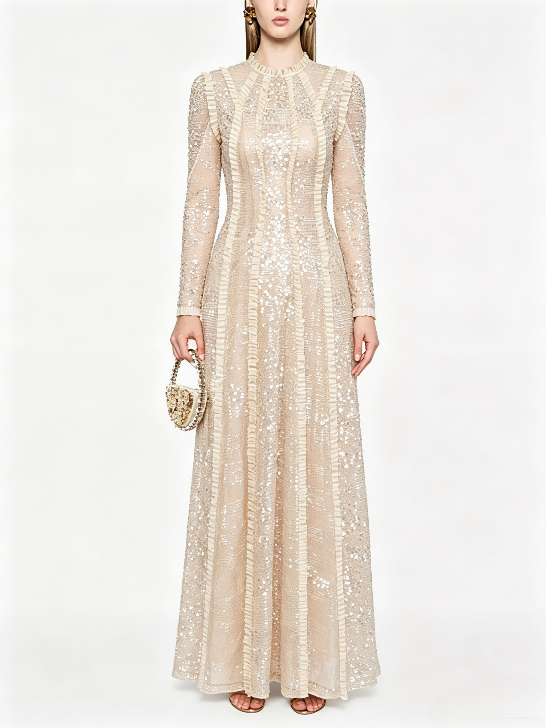 Party Dress Maxi Champagne Stand Collar Sequins Long Sleeves Elegant Semi Formal Dress