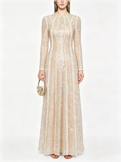 Party Dress Maxi Champagne Stand Collar Sequins Long Sleeves Elegant Semi Formal Dress