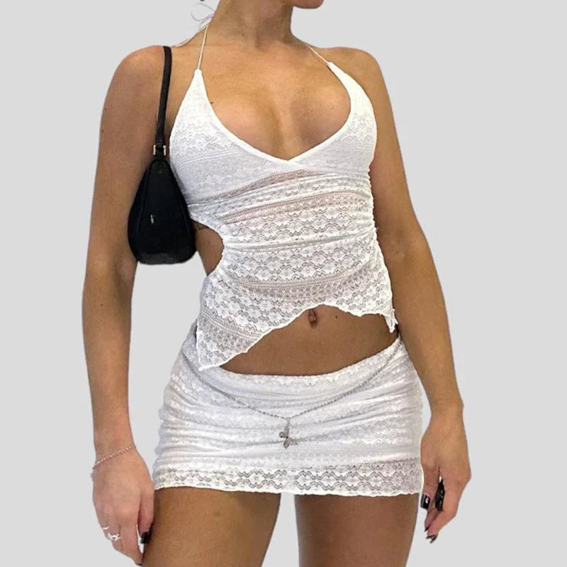 Chic V Neck Halter Tie-Up Bandage Crop Top Mini Pencil Skirt Two Pieces Set