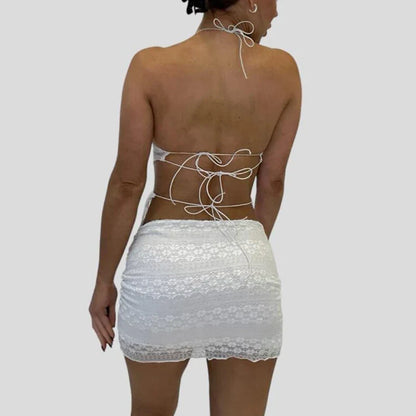 Chic V Neck Halter Tie-Up Bandage Crop Top Mini Pencil Skirt Two Pieces Set