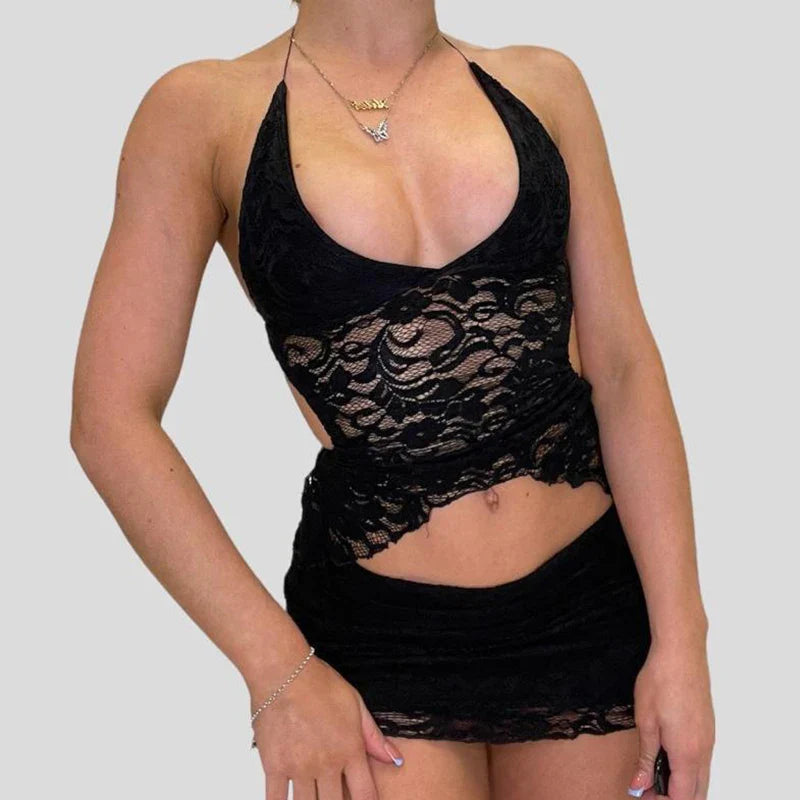 Chic V Neck Halter Tie-Up Bandage Crop Top Mini Pencil Skirt Two Pieces Set