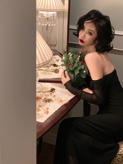 Two-Piece Style Lace Patchwork Long-Sleeve Bodycon Maxi Dress