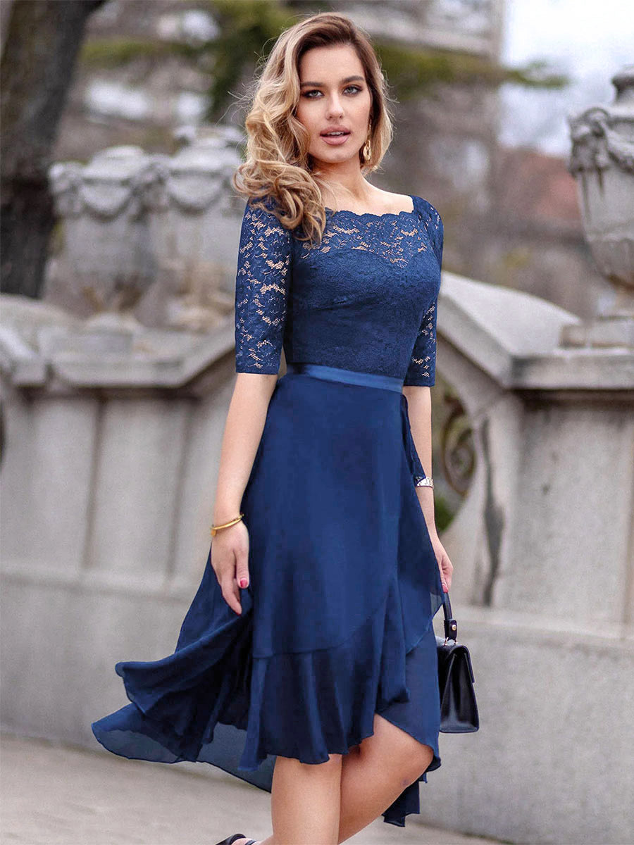 Dark Blue Peplum Short Dress Lace Bodice Boatneck Ribbon Waist Day Dresses
