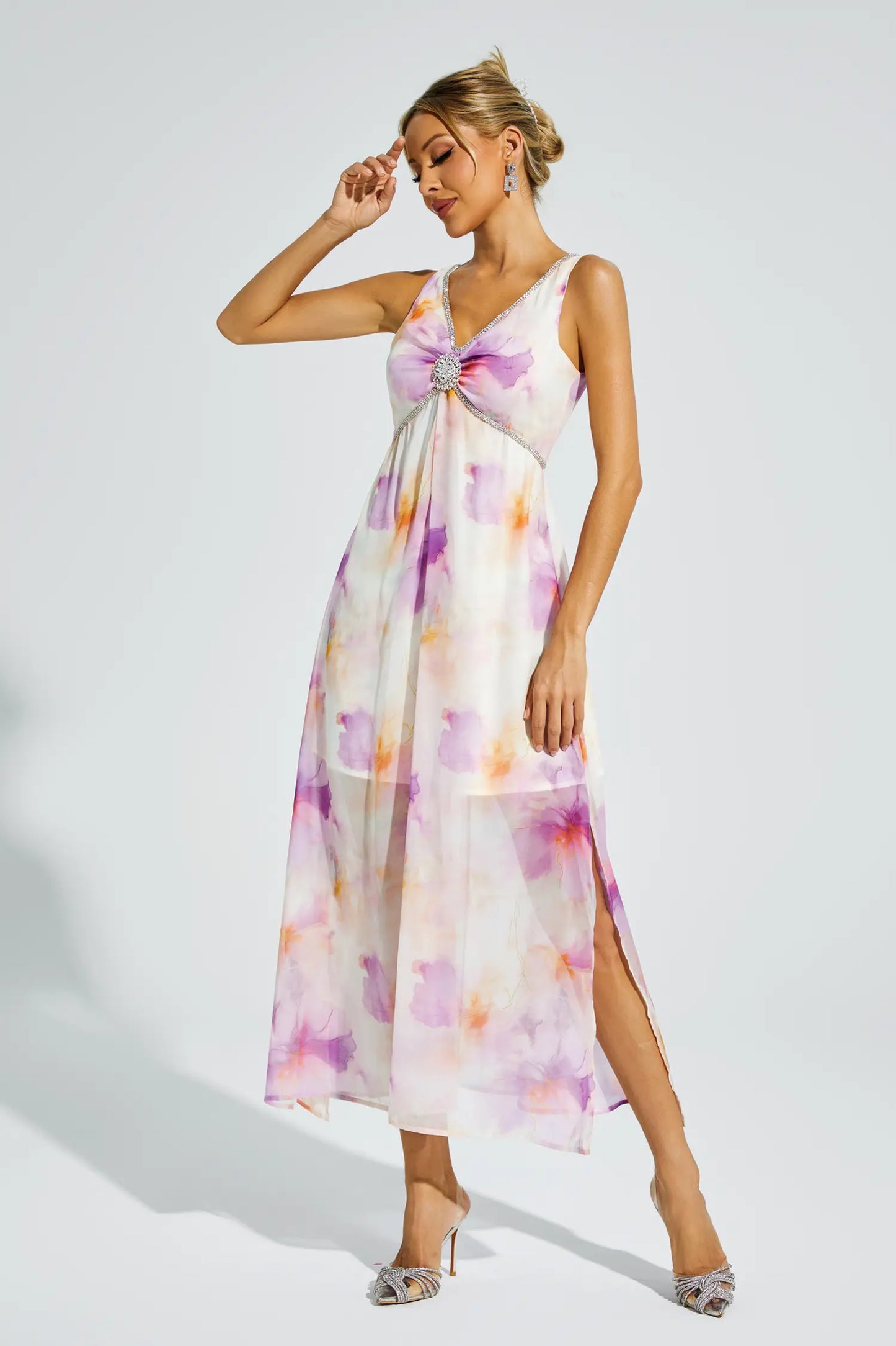 Tyler Purple Diamond V neck Midi Dress