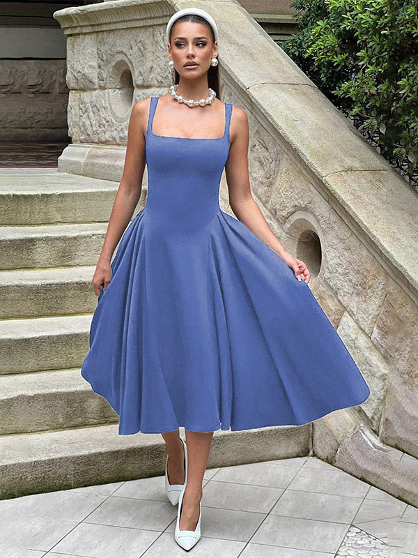 Square Neck Midi Dress For Women - Retro A-Line Pleated Dress - Spring Cocktail Party 2026