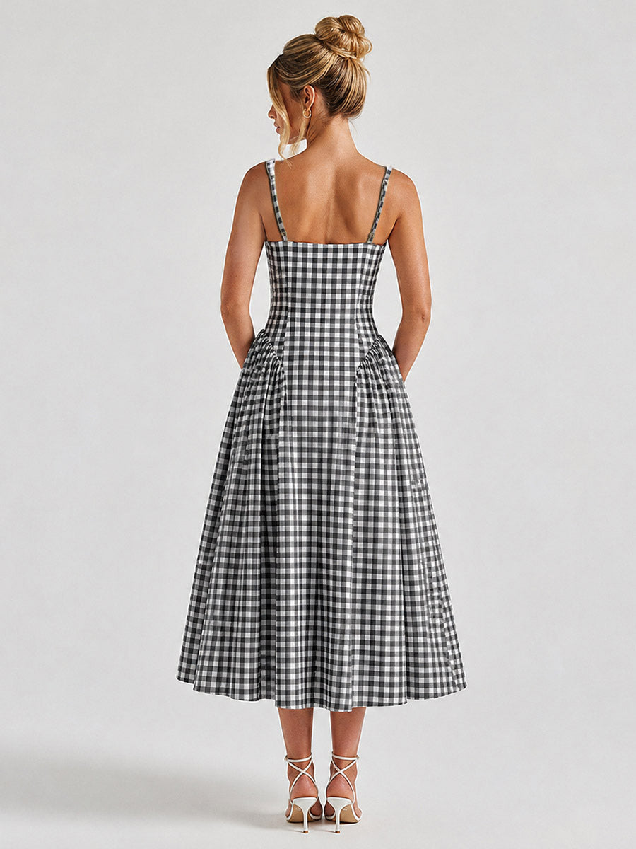 Date Night Dresses Midi Sleeveless Plaid Square Neck Elegant Black Dress