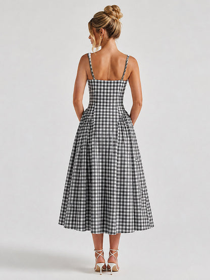 Date Night Dresses Midi Sleeveless Plaid Square Neck Elegant Black Dress